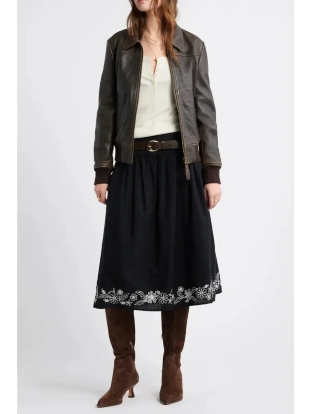 Treasure & Bond Embroidered Hem Cotton Midi Skirt Black A-Line Casual Sze M NWOT